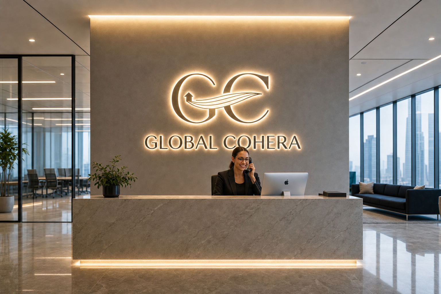Global Cohera reception desk with a client advisor on a call