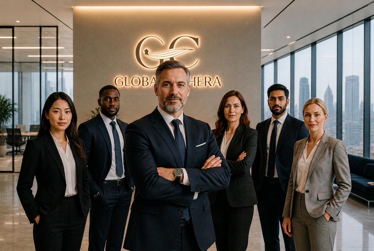 The Global Cohera leadership team standing in the head office reception